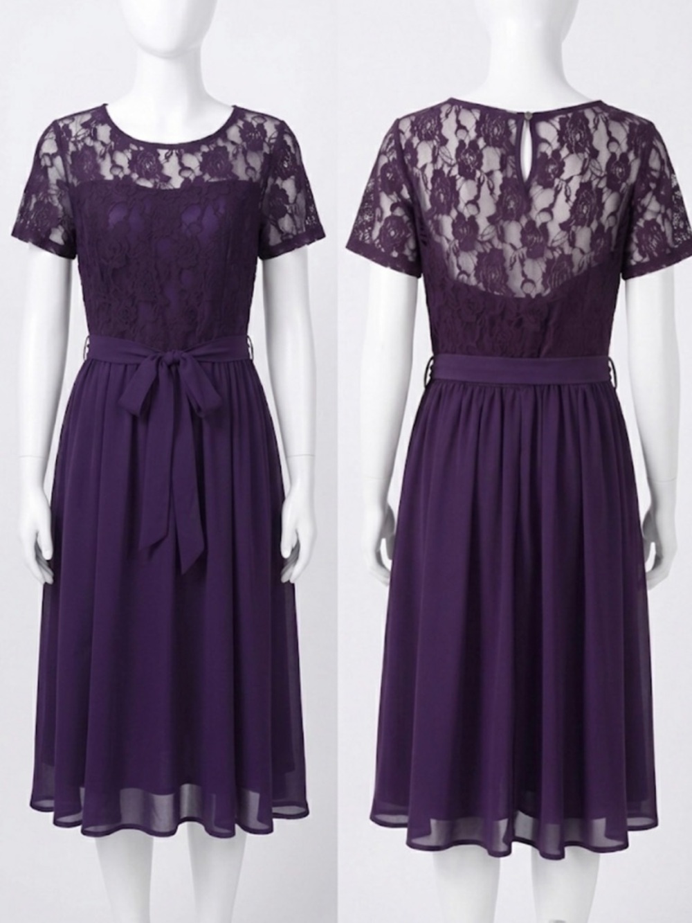 Nemidor Elegant Purple Floral Lace Midi Dress with Waist Tie Plus Size 14
